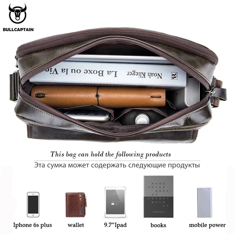 Bolsa transversal masculina de couro legítimo BULLCAPTAIN. Grande capacidade.