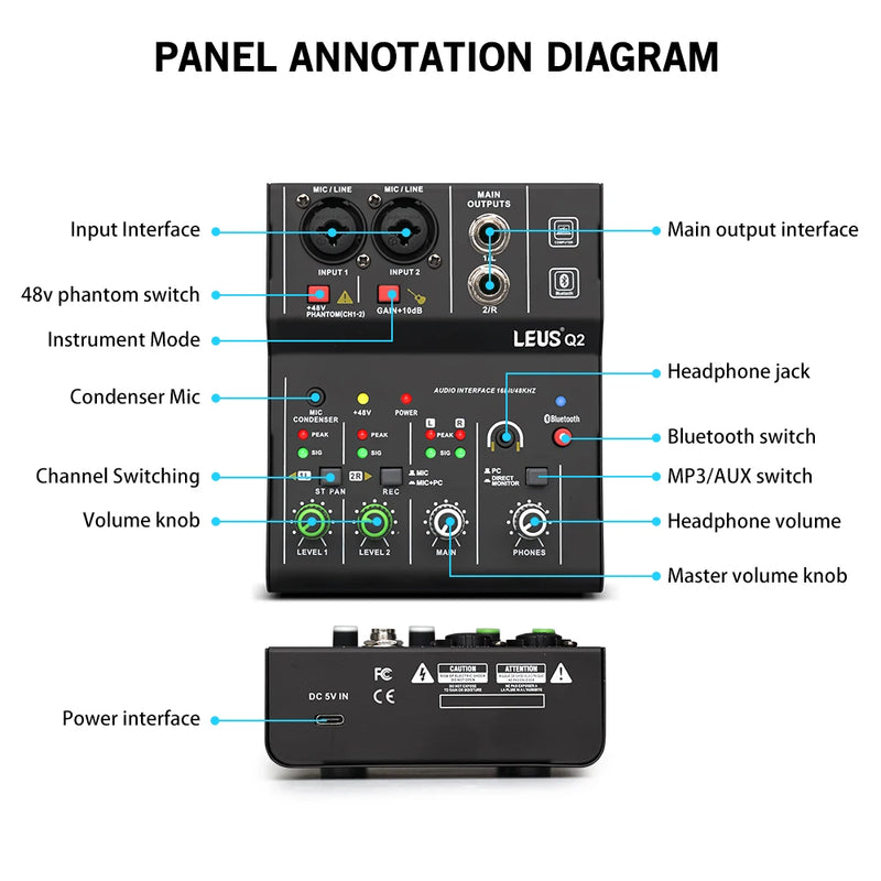 Mixer LEUS Q2. Interface de áudio Bluetooth USB Record. Phantom Power Delay Repeaat Effect 2 canais.