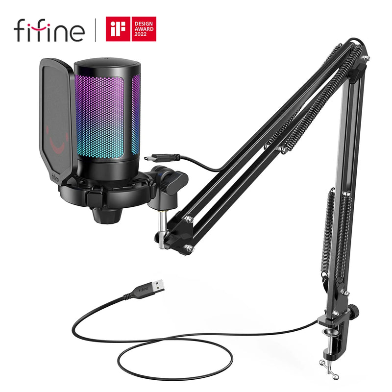 Kit de microfone para USB FIFINE. Cardioide condensador com botão mute. /RGB/suporte de braço, para streaming de vídeo-A6T.