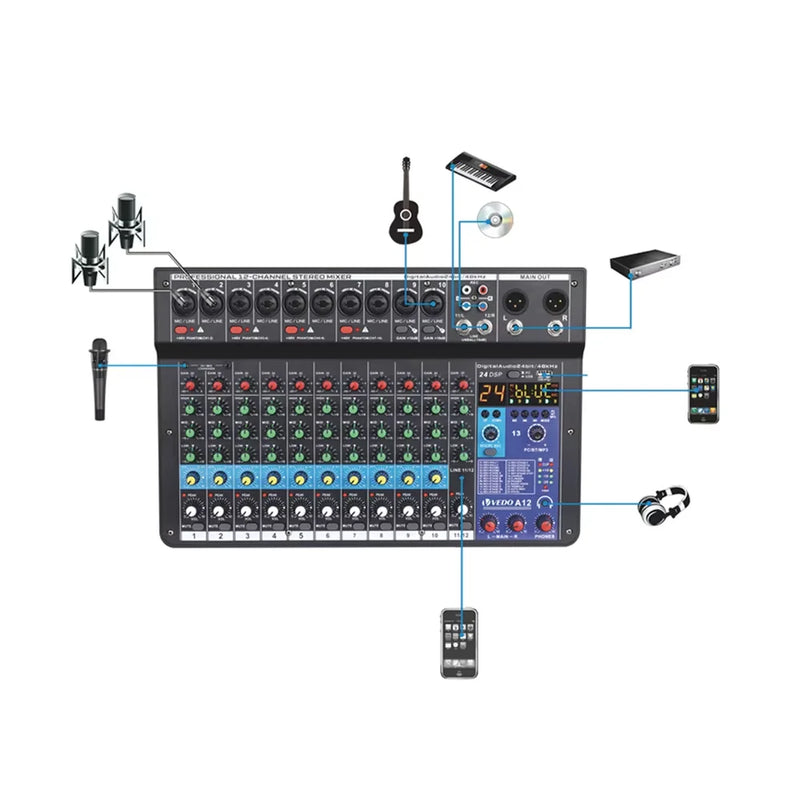 Mixer de Áudio Profissional Portátil, Mesa de Som Placa de audio Digital, Efx digital. MP3  Entrada Phanton 48v.