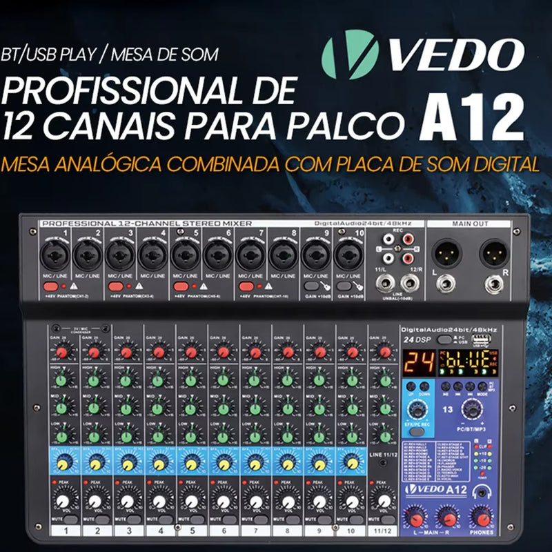 Mixer de Áudio Profissional Portátil, Mesa de Som Placa de audio Digital, Efx digital. MP3  Entrada Phanton 48v.