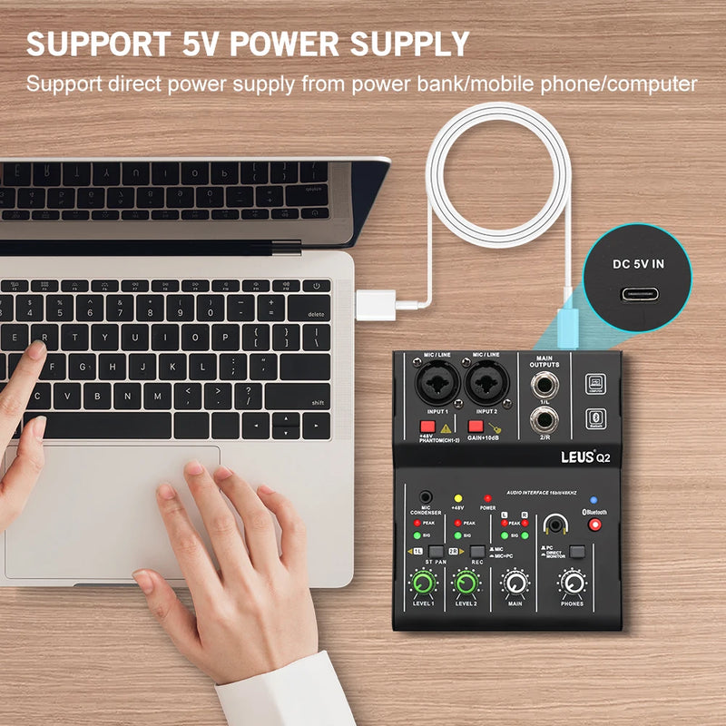 Mixer LEUS Q2. Interface de áudio Bluetooth USB Record. Phantom Power Delay Repeaat Effect 2 canais.