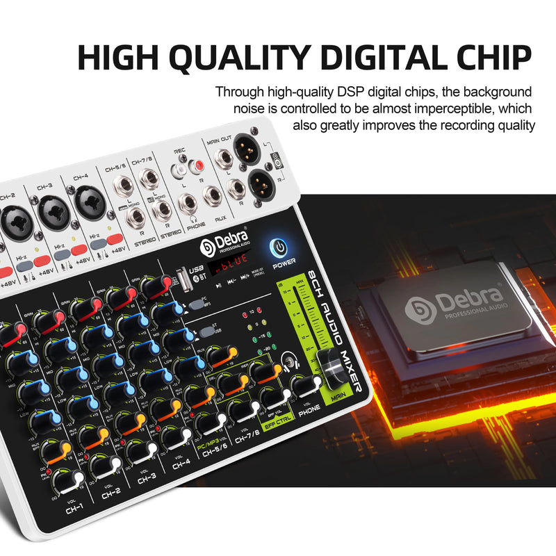 IKGE V8 Audio Mixer com Bluetooth 5.0 48V Phantom Power.