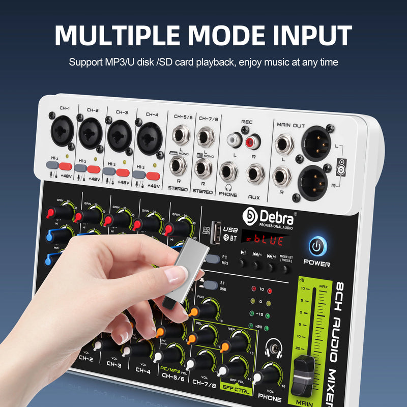 IKGE V8 Audio Mixer com Bluetooth 5.0 48V Phantom Power.