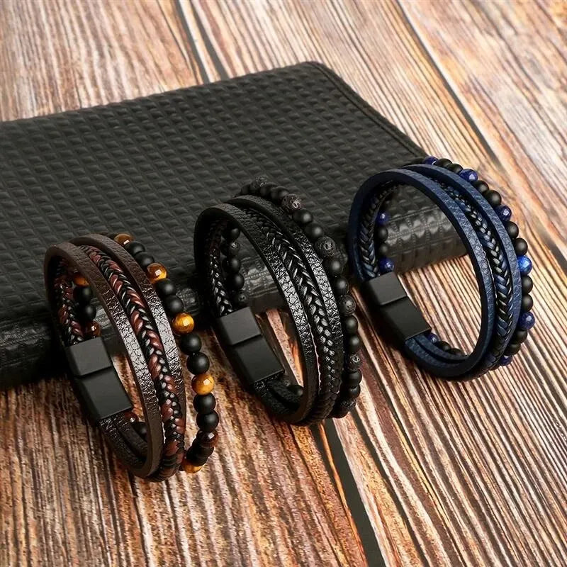 Pulseira de couro masculina Rocker, clássica, fashion, olho-de-tigre, em couro para homens.