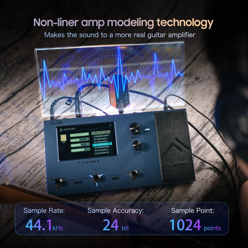 FLAMMA FX150 Pedaleira Multi-Efeitos para guitarra. 160 efeitos 180 slots predefinidos 30 simulação de cabinete, 80 bateria eletrônica.  52S Looper Tela sensível ao toque.