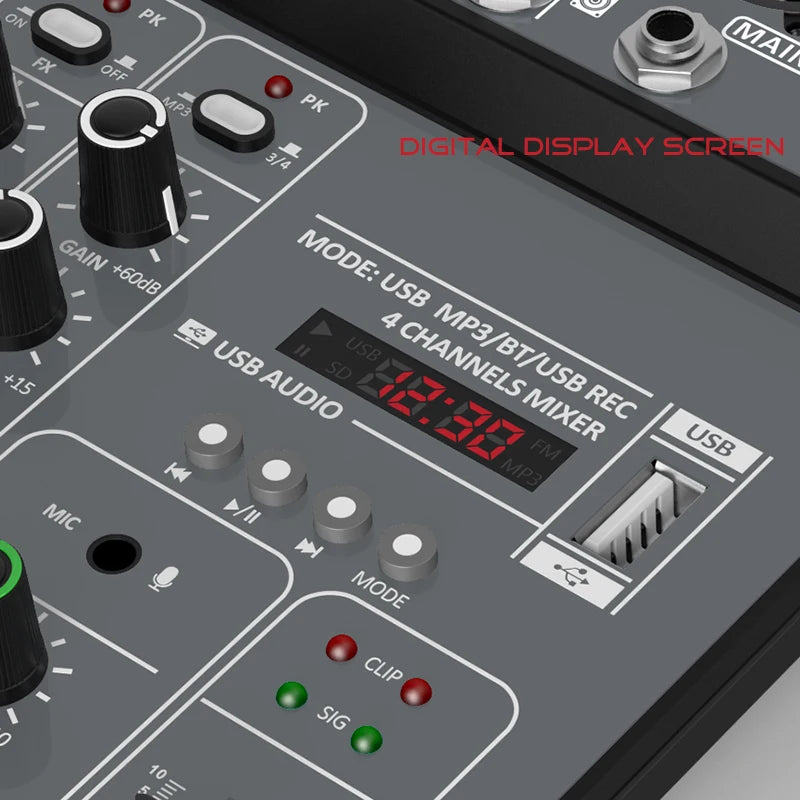 4 Channel Audio Mixer 48V Phantom Power USB Studio.