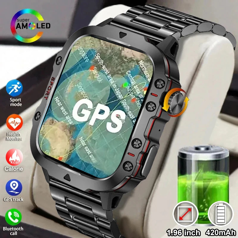 Relógio Rugged Military GPS, Men Bluetooth Call Health Monitoring AI Voice Sports Waterproof.