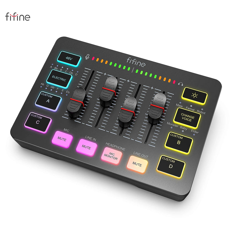 Mixer de áudio. FIFINE, mixer RGB de 4 canais com interface de áudio. Microfone XLR. Para streaming e podcast.