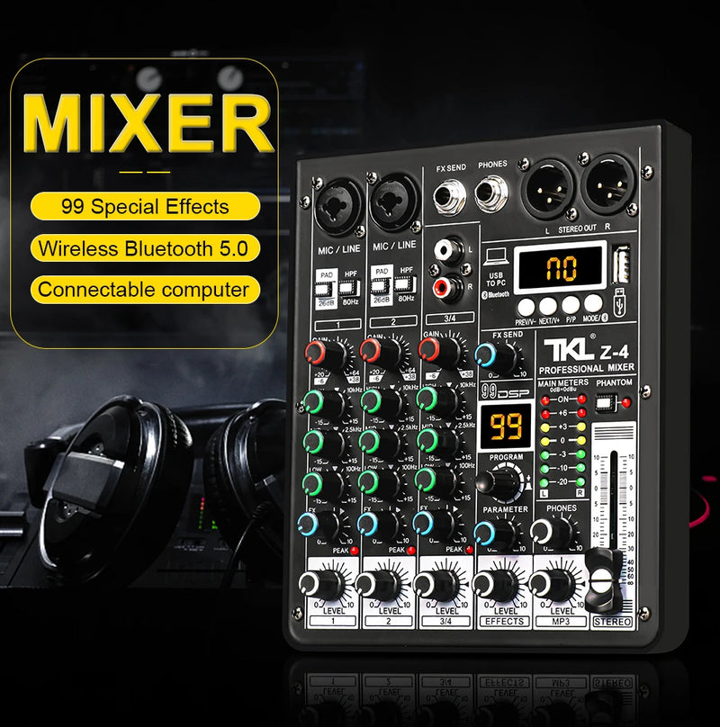 Mixer de 4 canais TKL. 99 DSP Efxs. 48V Phantom Power. USB Stúdio Sound. Buetooth.