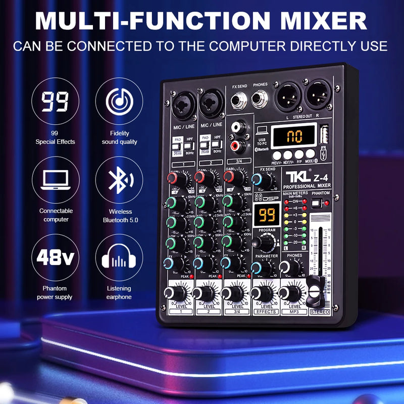 Mixer de 4 canais TKL. 99 DSP Efxs. 48V Phantom Power. USB Stúdio Sound. Buetooth.