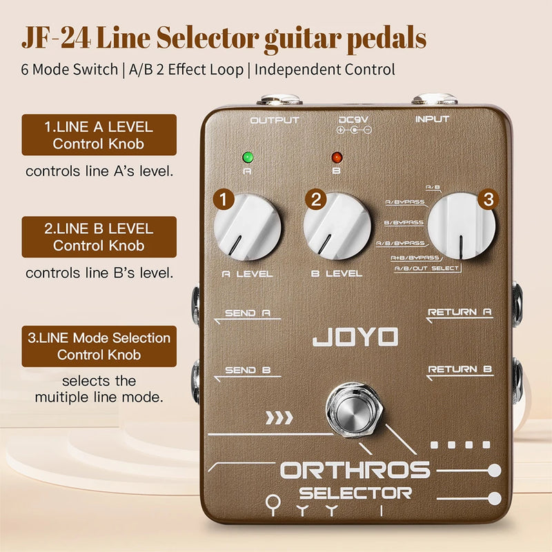 Pedal de efeito de guitarra JOYO JF-24, 6 modos de loop Canal de controle independente Pedal de guitarra com A/B 2 loops de linha.