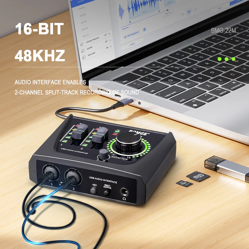 Interface de ÁudioBOMGE, mini 2 Channel USB,  Recording Streaming and Podcasting with XLR/48V Phantom Power for Guitarist.