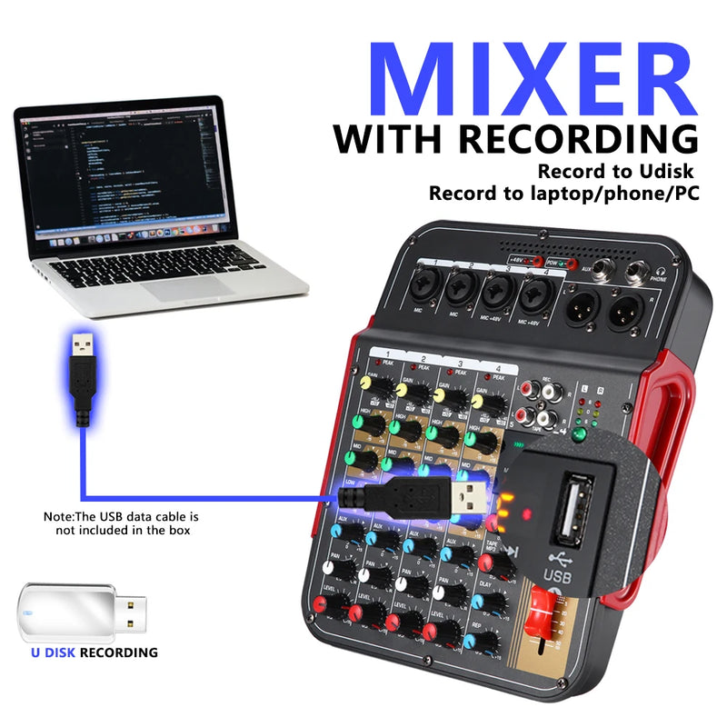 Mixer de áudio de 6 canais com placa USB com processador de efeitos digitais.