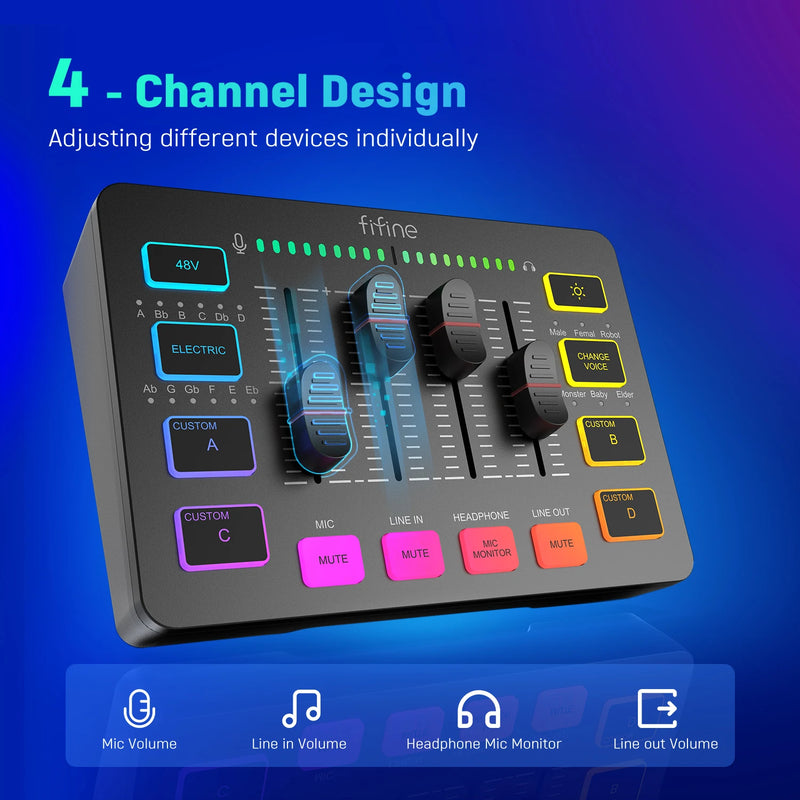 Mixer de áudio. FIFINE, mixer RGB de 4 canais com interface de áudio. Microfone XLR. Para streaming e podcast.