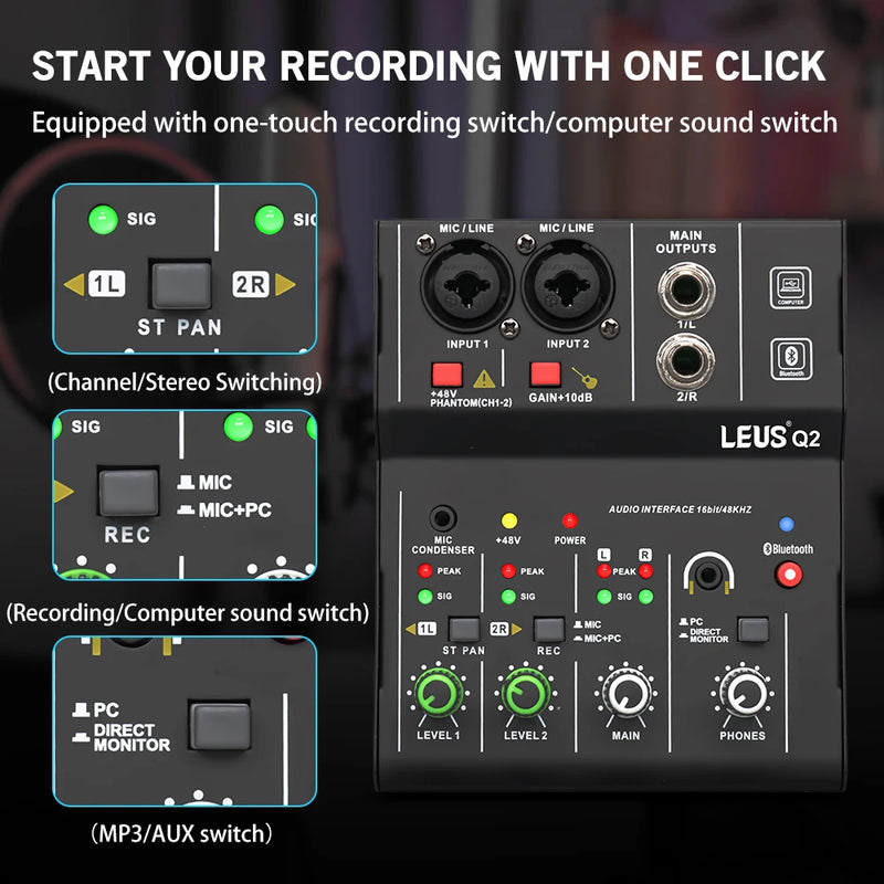 Mixer LEUS Q2. Interface de áudio Bluetooth USB Record. Phantom Power Delay Repeaat Effect 2 canais.