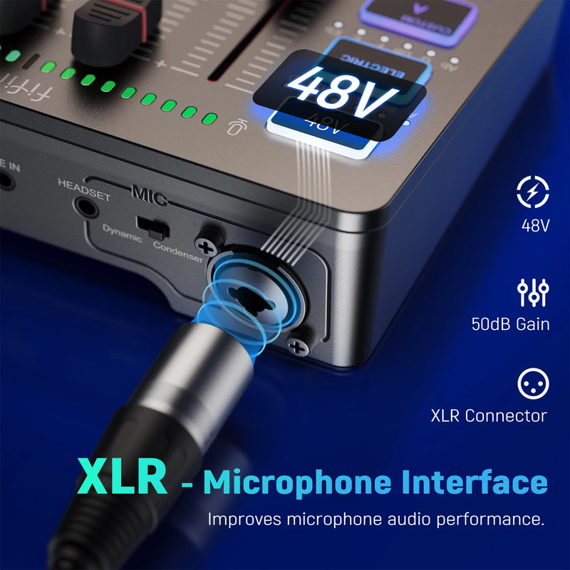 Mixer de áudio. FIFINE, mixer RGB de 4 canais com interface de áudio. Microfone XLR. Para streaming e podcast.