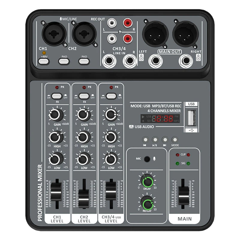 4 Channel Audio Mixer 48V Phantom Power USB Studio.