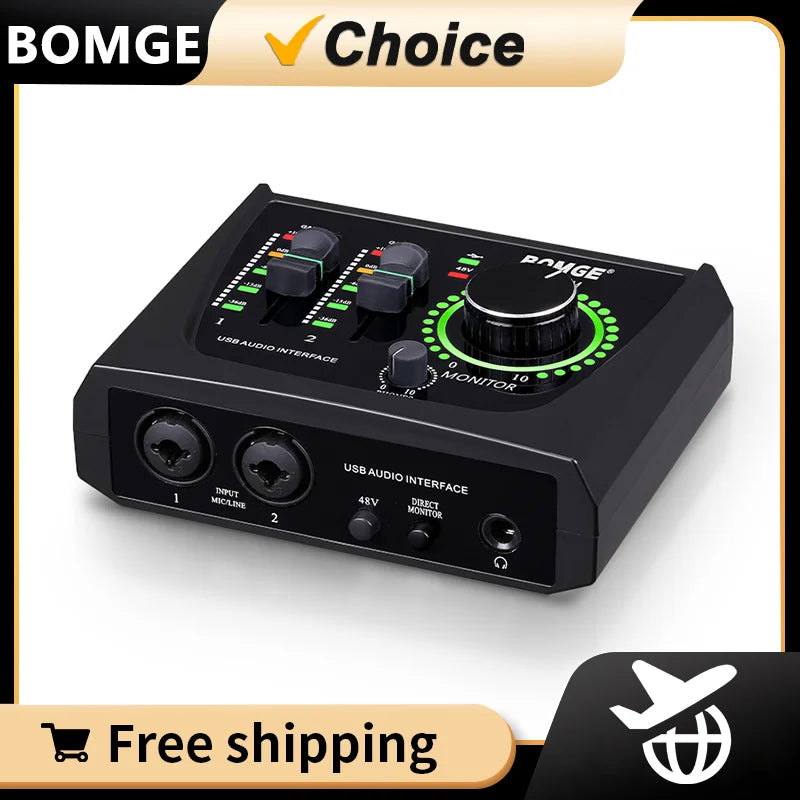 Interface de ÁudioBOMGE, mini 2 Channel USB,  Recording Streaming and Podcasting with XLR/48V Phantom Power for Guitarist.