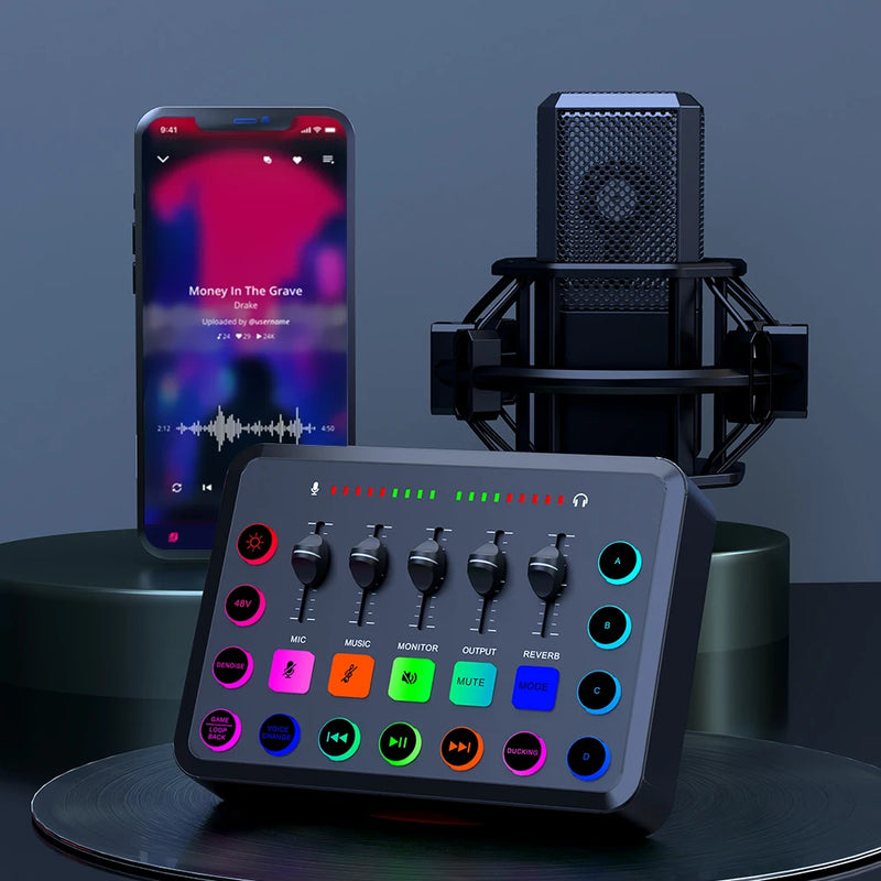 Interface de áudio F!!.  Placa de som. Mixer de 5 canais para para podcast e streaming.