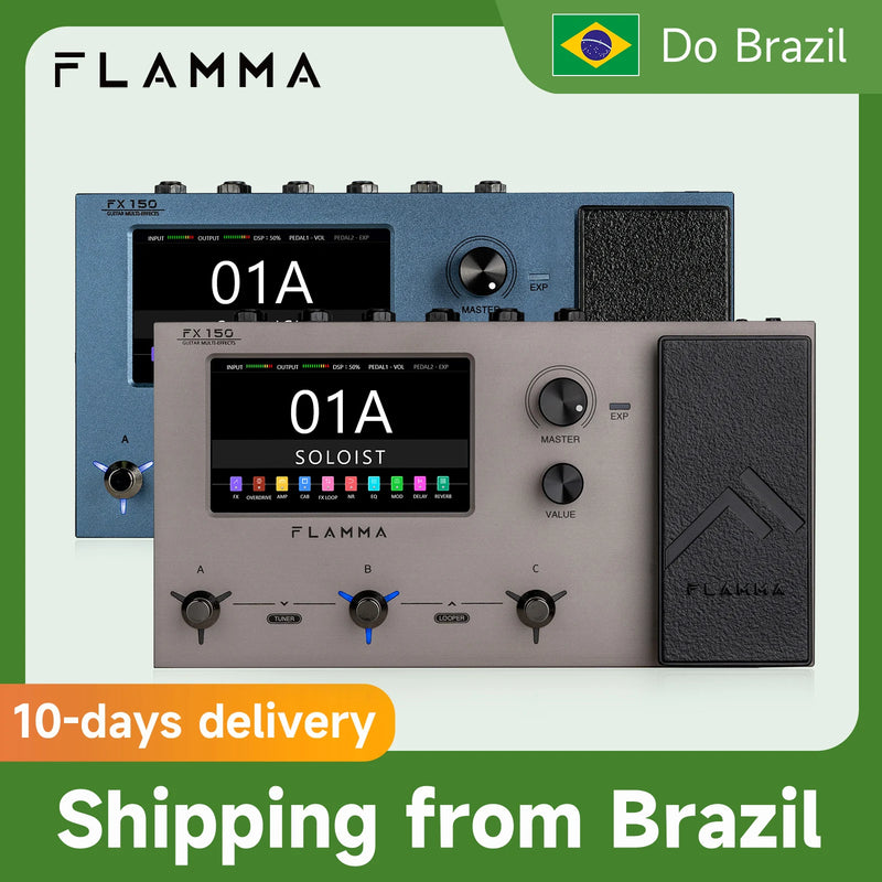 FLAMMA FX150 Pedaleira Multi-Efeitos para guitarra. 160 efeitos 180 slots predefinidos 30 simulação de cabinete, 80 bateria eletrônica.  52S Looper Tela sensível ao toque.