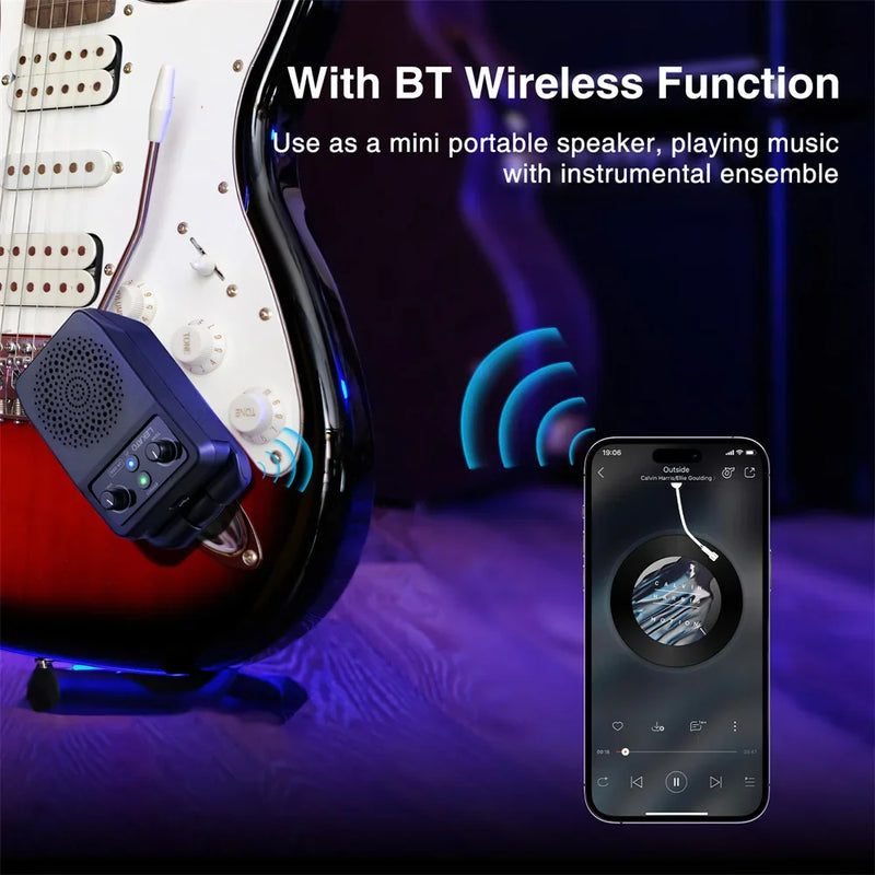 LEKATO  Mini Amplificador de Guitarra, 5W, Portátil Bluetooth Embutido 4 Efeitos Recarregável. A companhia perfeita para guitarristas. Aquele som perfeito em todo lugar.