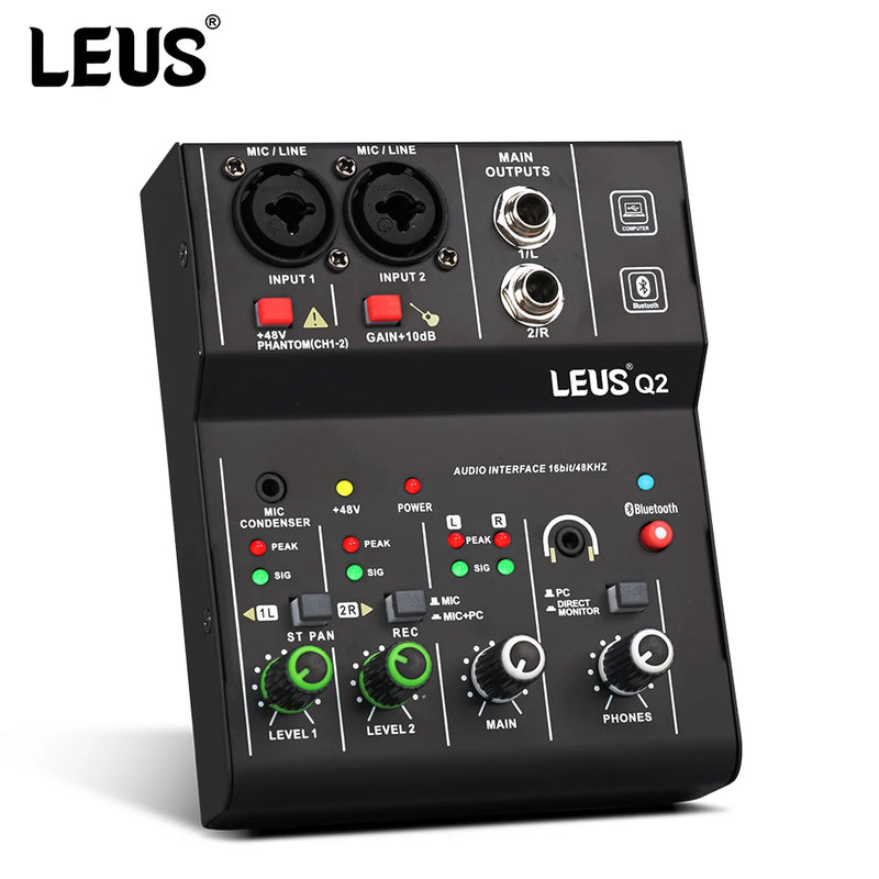 Mixer LEUS Q2. Interface de áudio Bluetooth USB Record. Phantom Power Delay Repeaat Effect 2 canais.