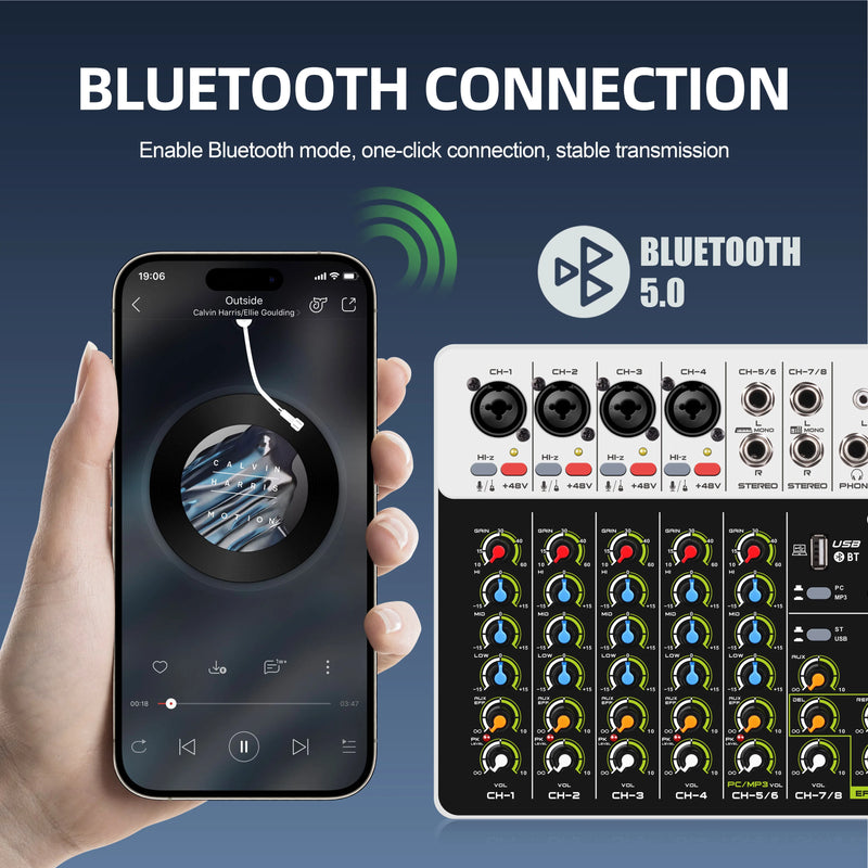 IKGE V8 Audio Mixer com Bluetooth 5.0 48V Phantom Power.