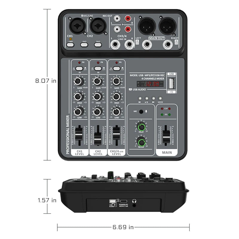 4 Channel Audio Mixer 48V Phantom Power USB Studio.