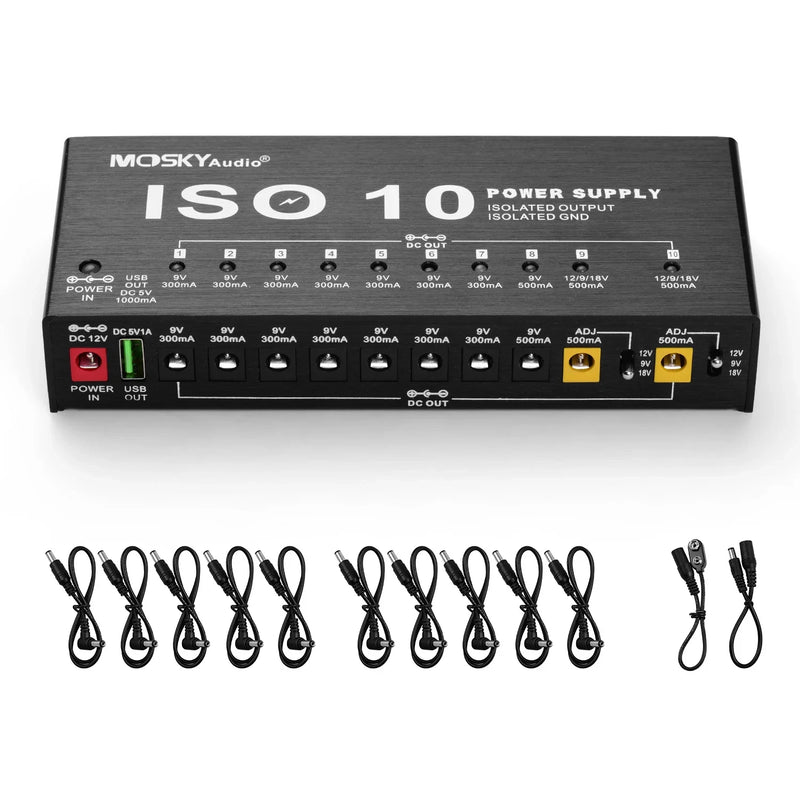 Fonte de alimentação para pedal de efeito de guitarra MOSKY ISO-10 10 saídas DC isoladas/saída USB de 5 V para proteção de 9 V 12 V 18 V.