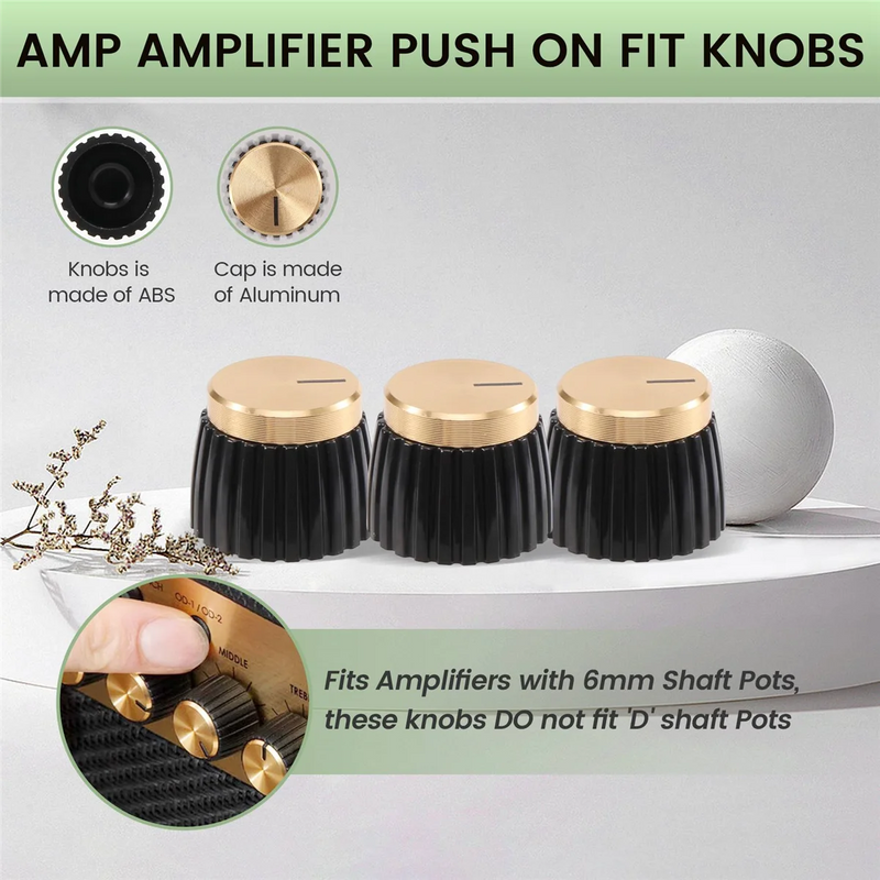 15Pcs Guitar AMP Amplifier Push on Fit Knobs Preto com Tampa de Alumínio Dourado Top Serve para Potes de 6mm de Diâmetro Amplificadores Marshall.