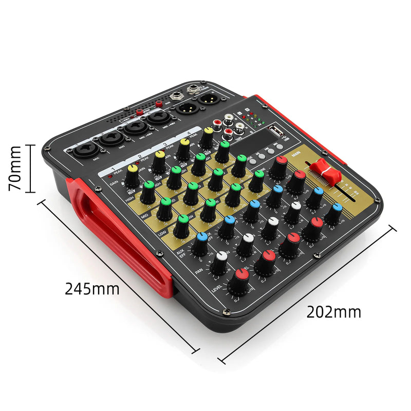 Mixer de áudio de 6 canais com placa USB com processador de efeitos digitais.