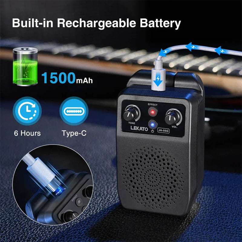 LEKATO  Mini Amplificador de Guitarra, 5W, Portátil Bluetooth Embutido 4 Efeitos Recarregável. A companhia perfeita para guitarristas. Aquele som perfeito em todo lugar.