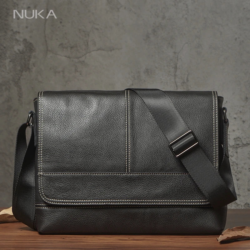 Bolsa de ombro masculina de couro genuíno NUKA. Luxo,