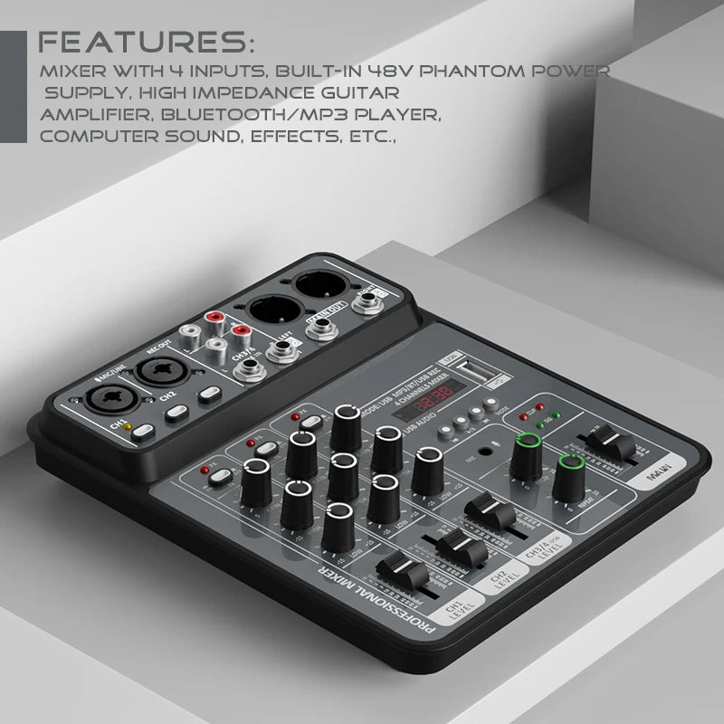 4 Channel Audio Mixer 48V Phantom Power USB Studio.