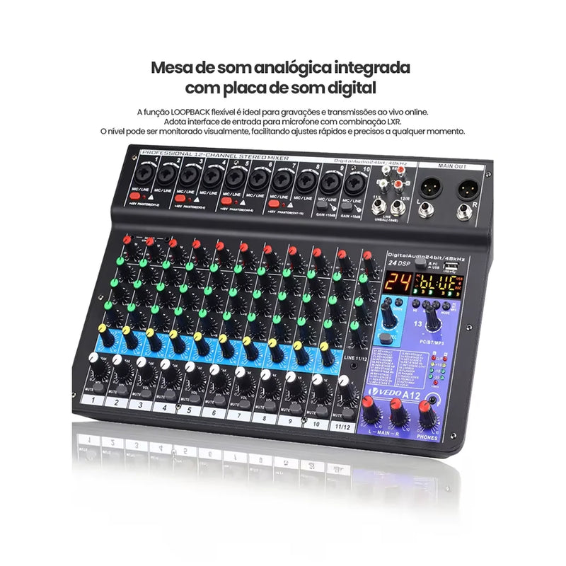 Mixer de Áudio Profissional Portátil, Mesa de Som Placa de audio Digital, Efx digital. MP3  Entrada Phanton 48v.