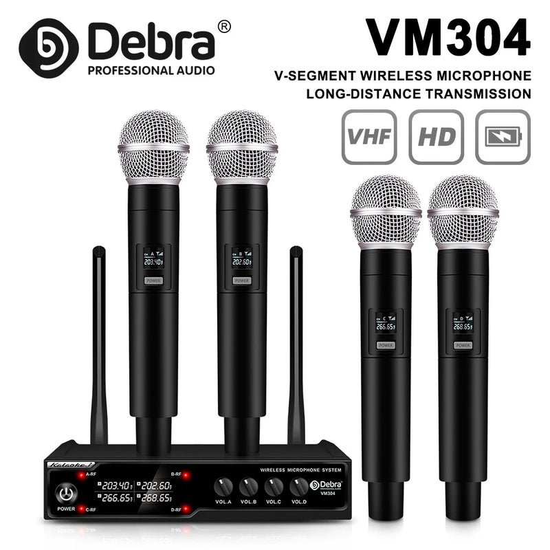 Microfone sem fio Debra VM304 de 4 canais. alcance de 80 m, Adequado para karaokê, igreja, festas