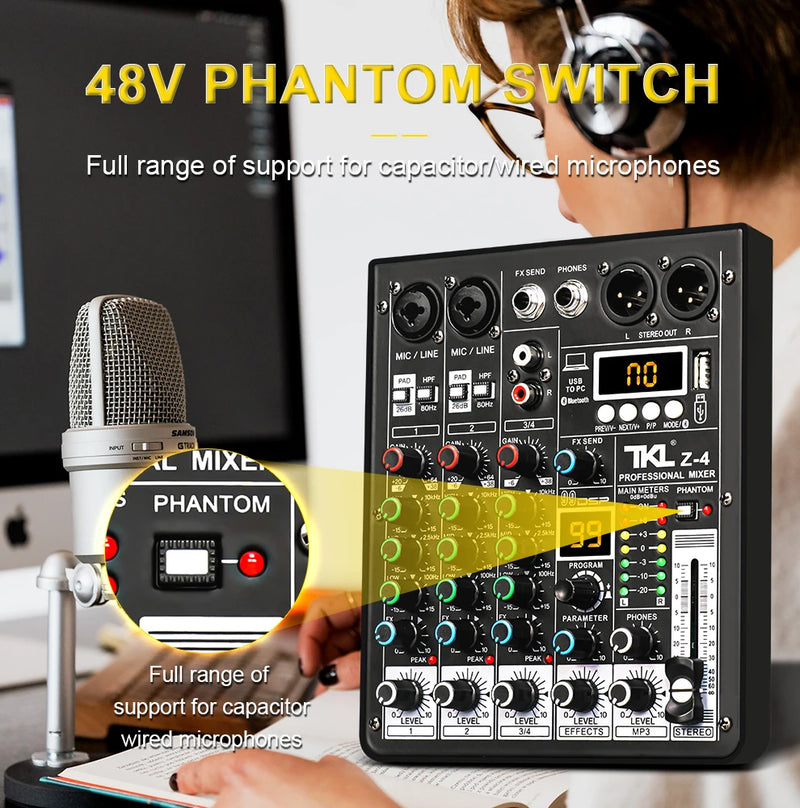 Mixer de 4 canais TKL. 99 DSP Efxs. 48V Phantom Power. USB Stúdio Sound. Buetooth.