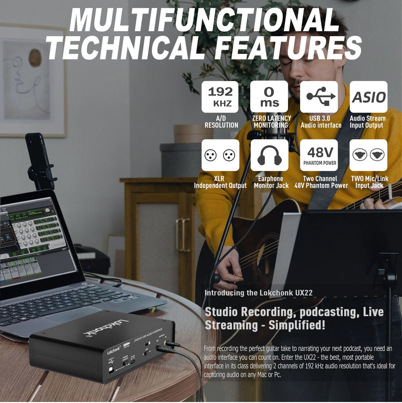 Placa de som. Interface de audio UX22 32 bits/192 KHz Conversor AD/DA. Estúdio profissional.