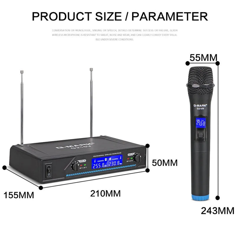 Microfone sem fio G-MARK G210V profissional 2 canais. Para aplicações ao vivo.