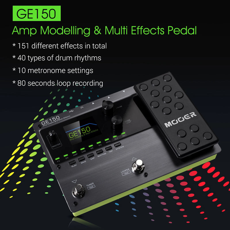 Multi Effects MOOER GE150. 55 Amplifier Models 151 Effects 80s Looper 40 Drum Rhythms 10 Metronome Tap.