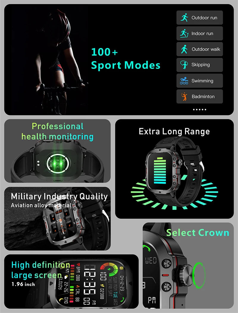 Relógio Rugged Military GPS, Men Bluetooth Call Health Monitoring AI Voice Sports Waterproof.