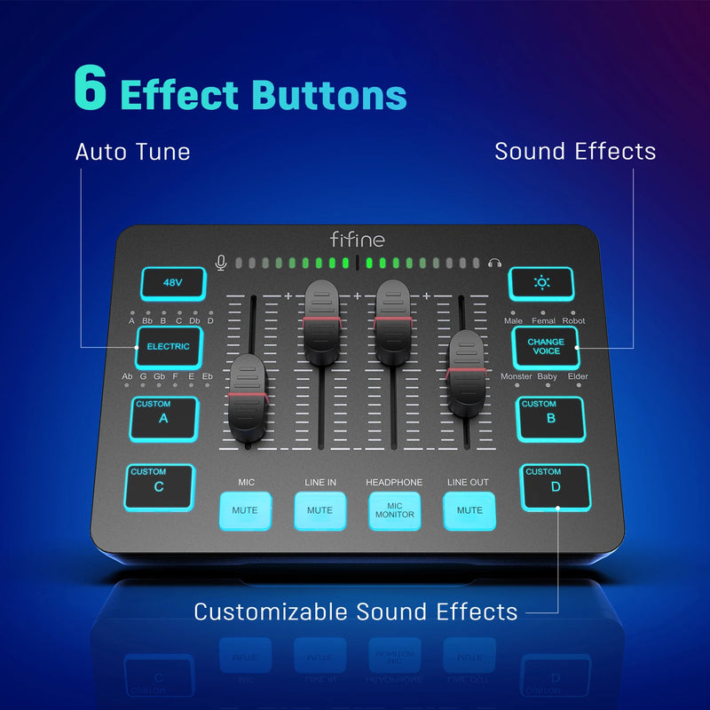 Mixer de áudio. FIFINE, mixer RGB de 4 canais com interface de áudio. Microfone XLR. Para streaming e podcast.