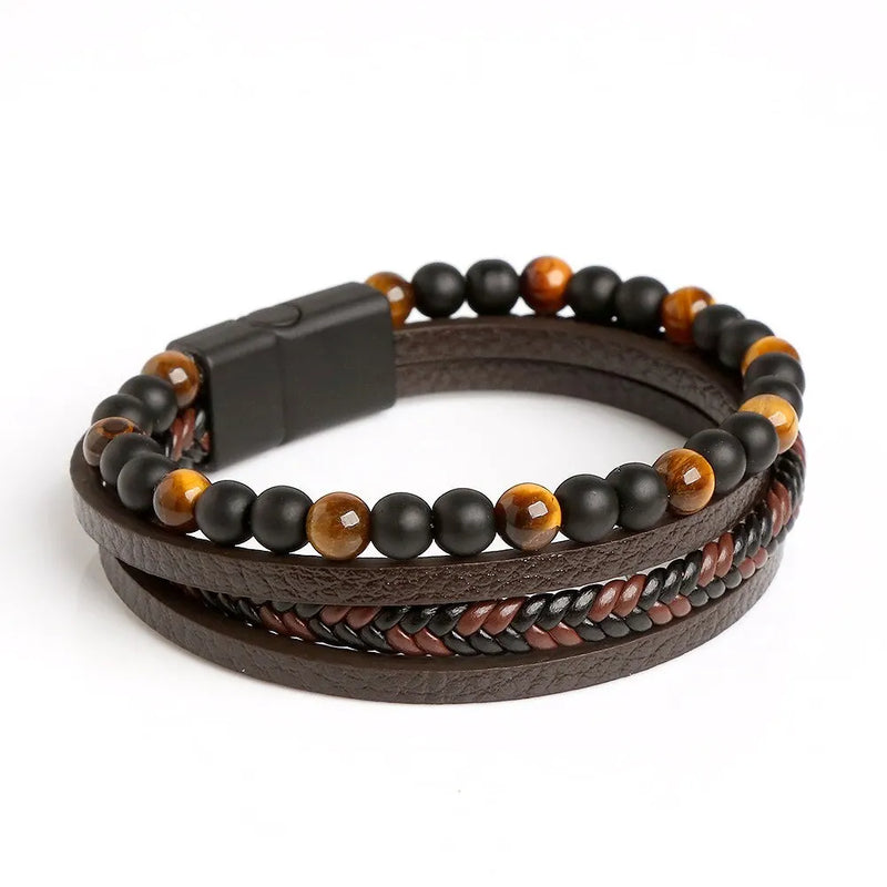 Pulseira de couro masculina Rocker, clássica, fashion, olho-de-tigre, em couro para homens.