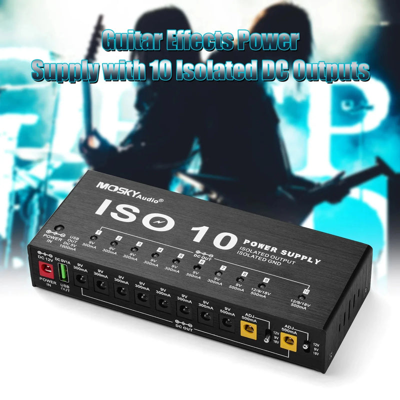 Fonte de alimentação para pedal de efeito de guitarra MOSKY ISO-10 10 saídas DC isoladas/saída USB de 5 V para proteção de 9 V 12 V 18 V.