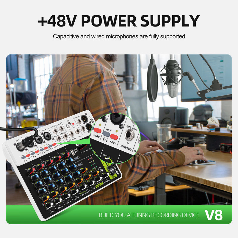 IKGE V8 Audio Mixer com Bluetooth 5.0 48V Phantom Power.