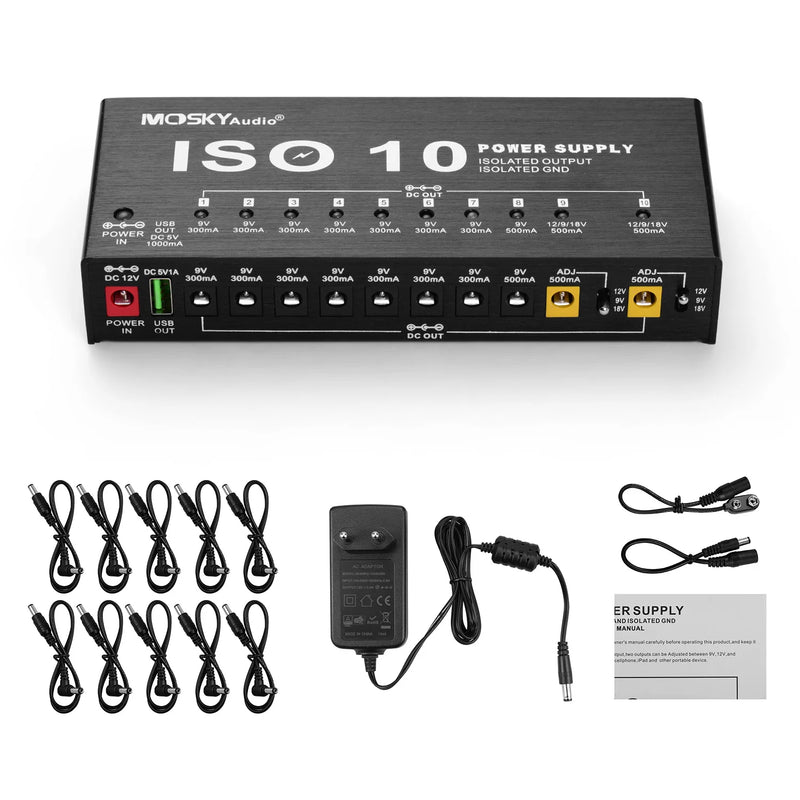 Fonte de alimentação para pedal de efeito de guitarra MOSKY ISO-10 10 saídas DC isoladas/saída USB de 5 V para proteção de 9 V 12 V 18 V.