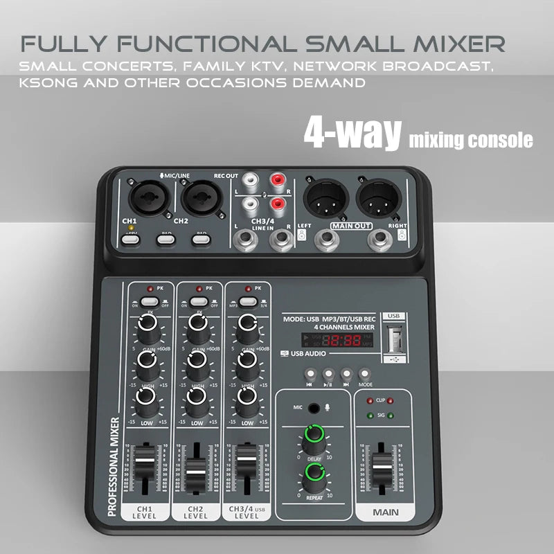 4 Channel Audio Mixer 48V Phantom Power USB Studio.