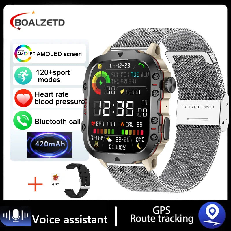 Relógio Rugged Military GPS, Men Bluetooth Call Health Monitoring AI Voice Sports Waterproof.