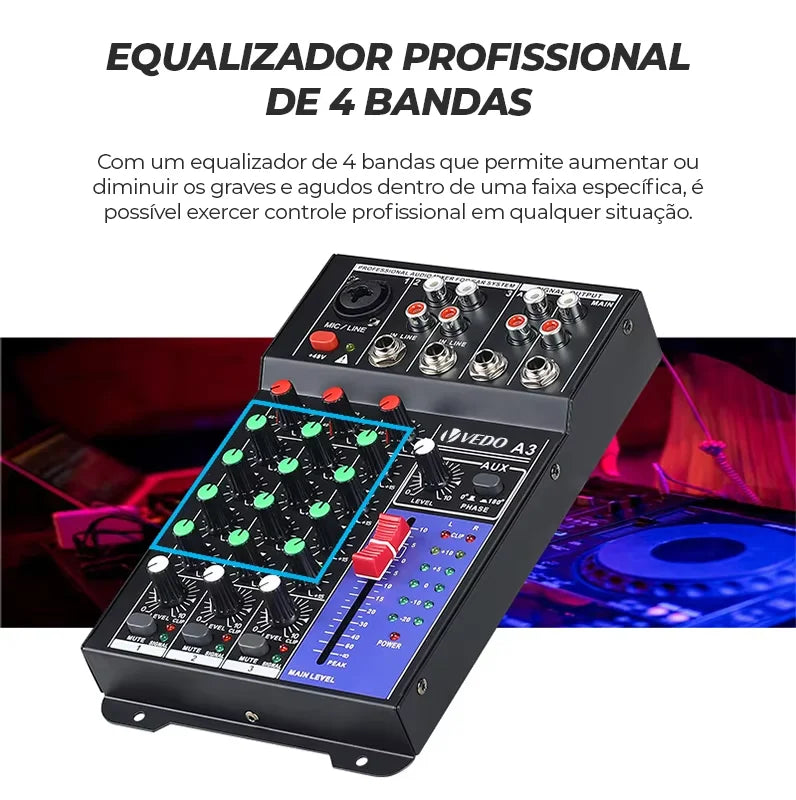 Mixer, Mesa de som. VEDO 3-Channel Professional Portable Sound Mixer.